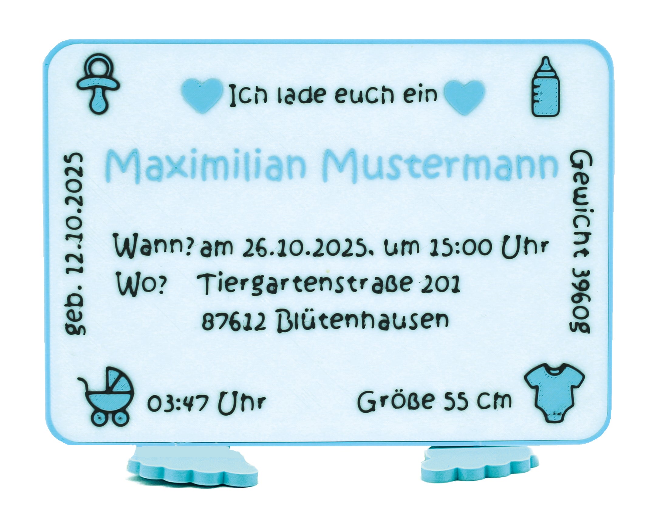 Einladung "Hier bin ich" mit Geburtsdaten und Foto in 2 Varianten