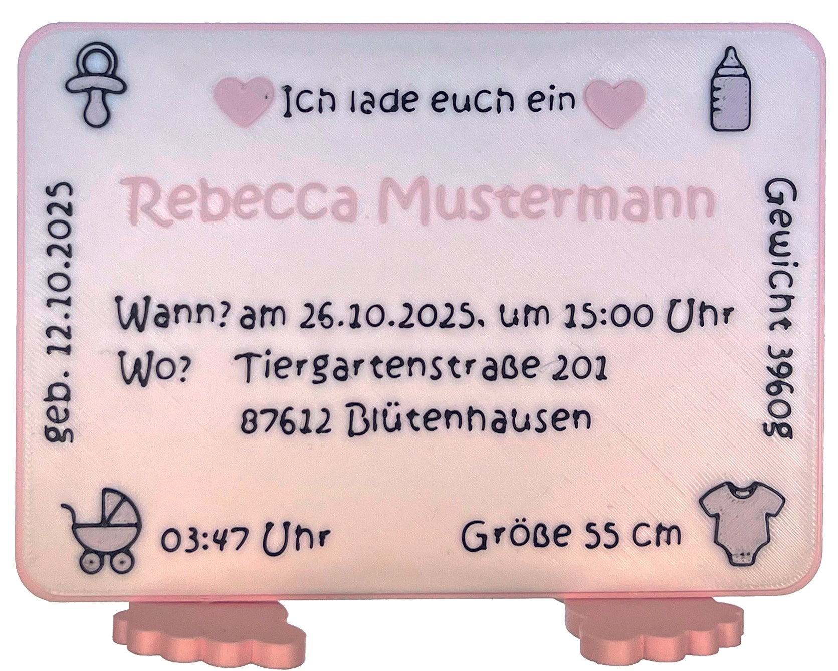 Einladung "Hier bin ich" mit Geburtsdaten und Foto in 2 Varianten