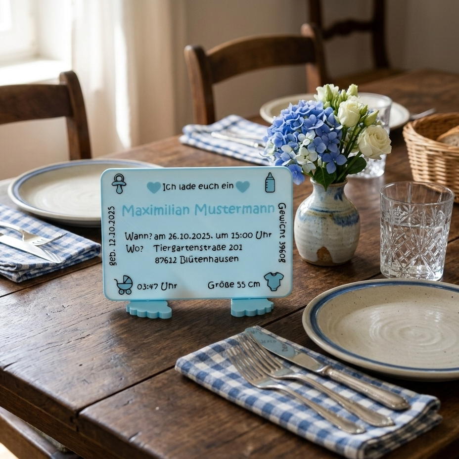 Einladung "Hier bin ich" mit Geburtsdaten und Foto in 2 Varianten